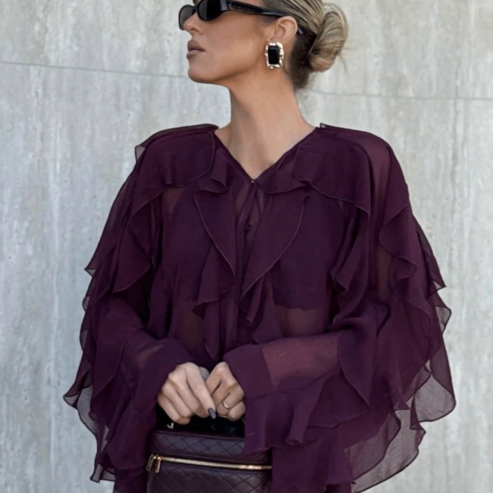 Sheer Ruffle Blouse in Deep Plum never worn